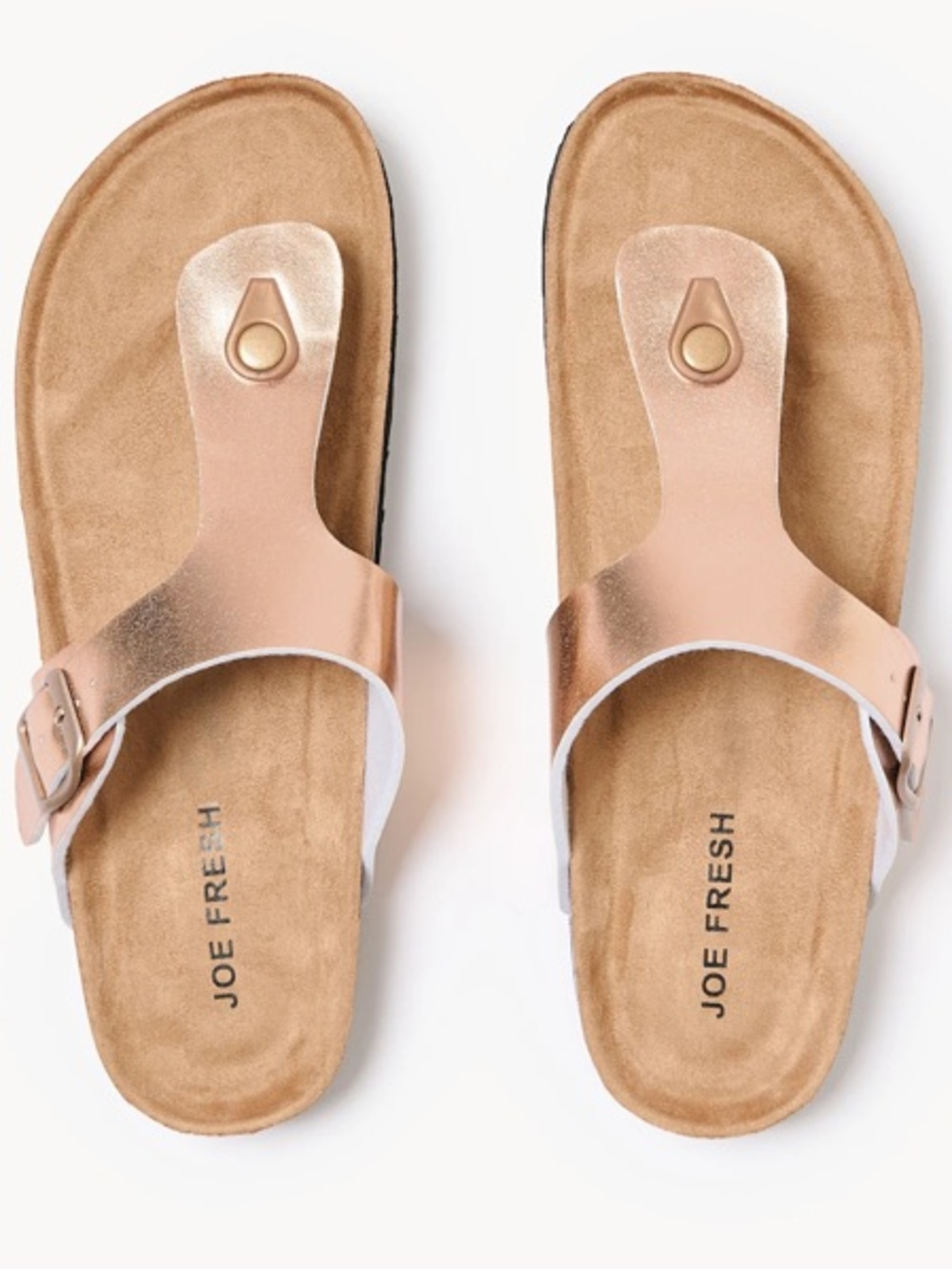 Joe Fresh Buckled T-Strap Sandals Size 6 or 7 Rose Gold Cork Footbed NWT